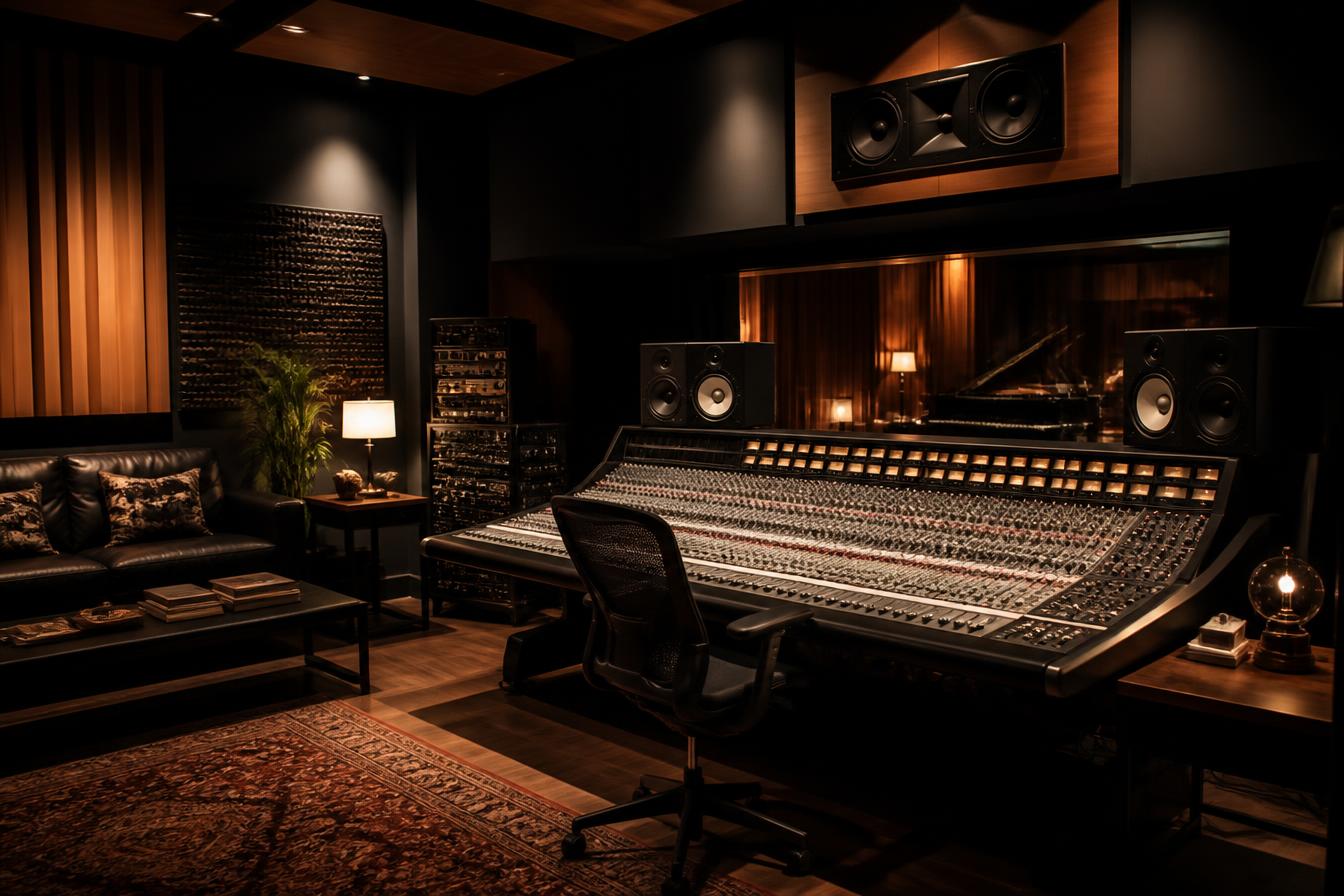Professional recording studio with warm amber lighting